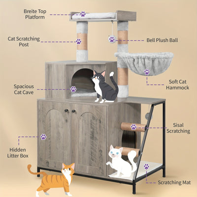 Árvore para Gatos 4 em 1 com Armário para Caixa de Areia, Tapete de Sisal para Arranhar, Postes, Escadas e Pompons - Almofadas Laváveis, Cinza-Bege