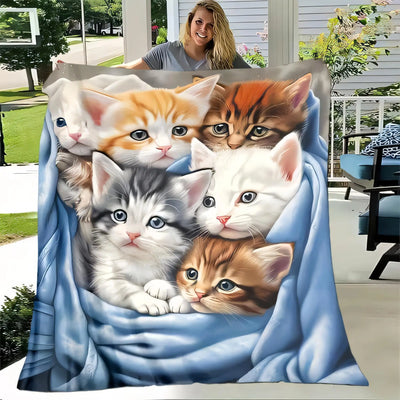 Manta de lã macia e quentinha com gatinhos coloridos de olhos grandes, perfeita decoração.