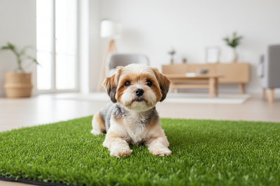 Cachorro usando tapete de grama artificial em casa